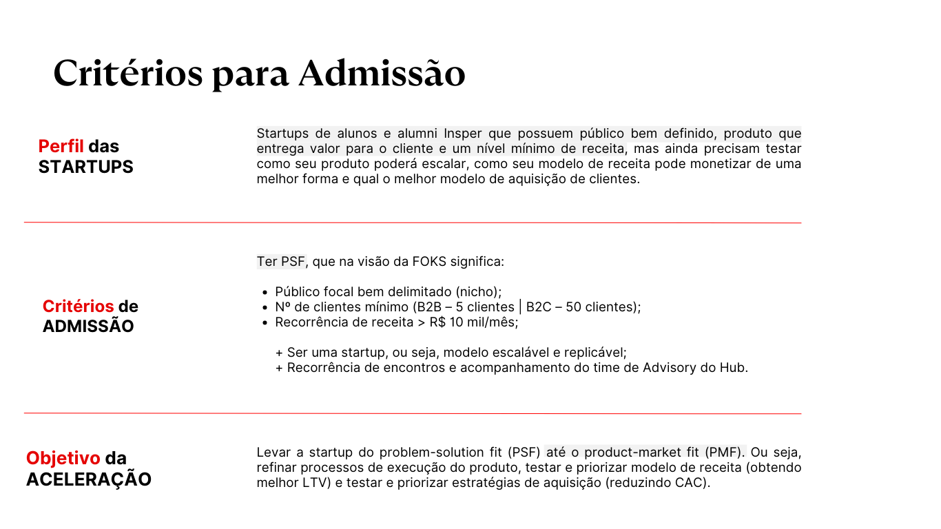 Critérios para Admissão